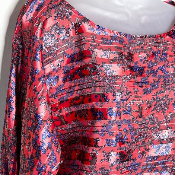 FREE PEOPLE Branches and Blossoms Blouse Sheer Stripe Coral Summer Size Small - Picture 3 of 5